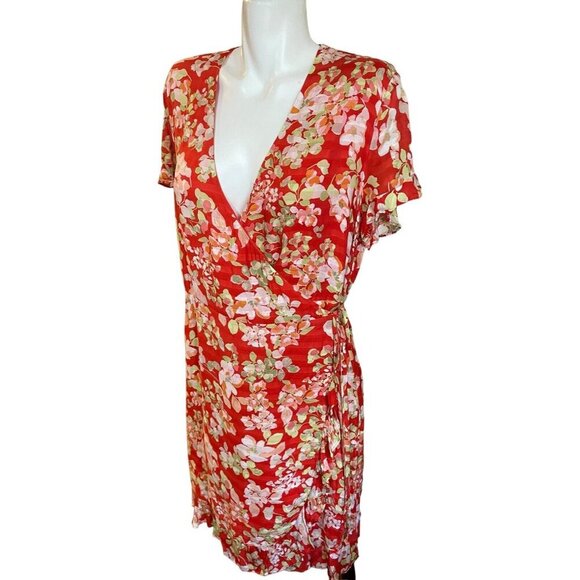J. Jill Coral Green Floral Ruffled True Wrap Dress Women's Size Medium - Picture 3 of 7